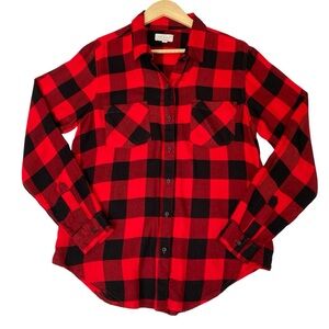 Lucky Brand Black Red Buffalo Plaid Button Up Hi Lo Lightweight Blouse